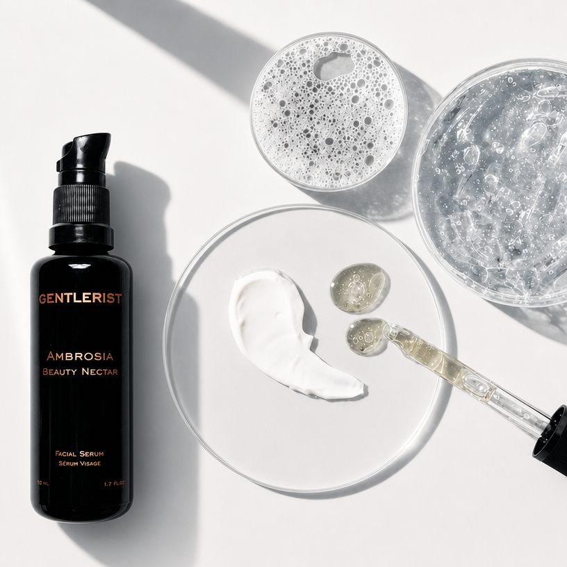 Quel actif à quel âge ? Plusieurs textures qui représente le rétinol, l'acide hyaluronique, la vitamine C