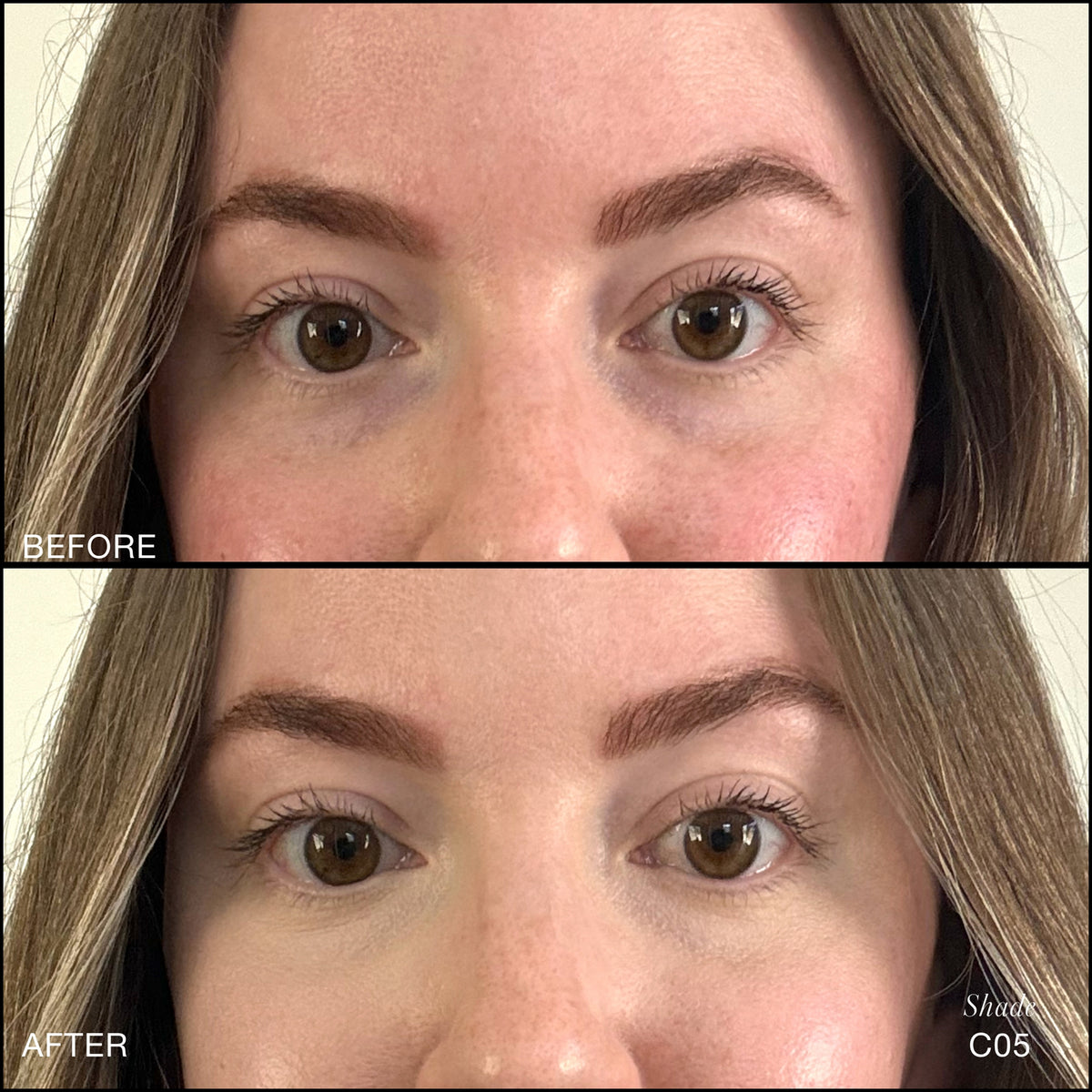 Comparaison Avant/Après d'application du Revitalize Hydra Concealer RMS Beauty, Nuance C05. Réduction des cernes et des rougeurs pour un regard visiblement plus lisse et lumineux.