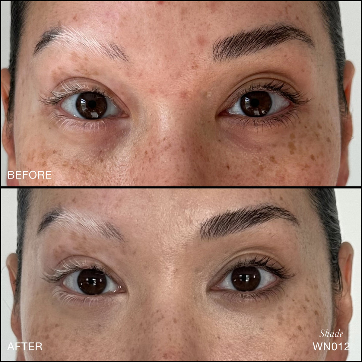Comparaison Avant/Après d'application du Revitalize Hydra Concealer RMS Beauty, Nuance WN012. Réduction des cernes et des rougeurs pour un regard visiblement plus lisse et lumineux.
