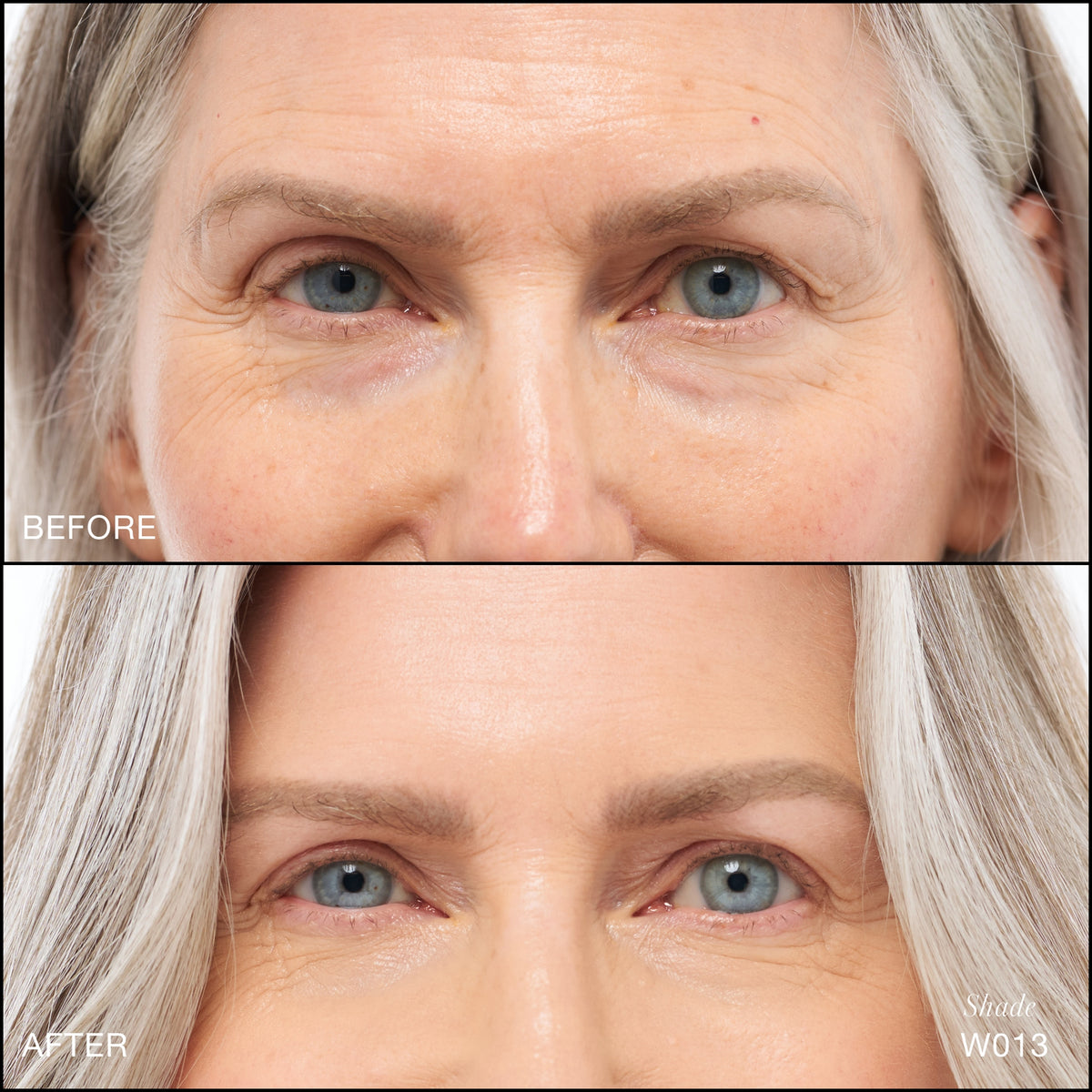 Comparaison Avant/Après d'application du Revitalize Hydra Concealer RMS Beauty, Nuance W013. Réduction des cernes et des rougeurs pour un regard visiblement plus lisse et lumineux.