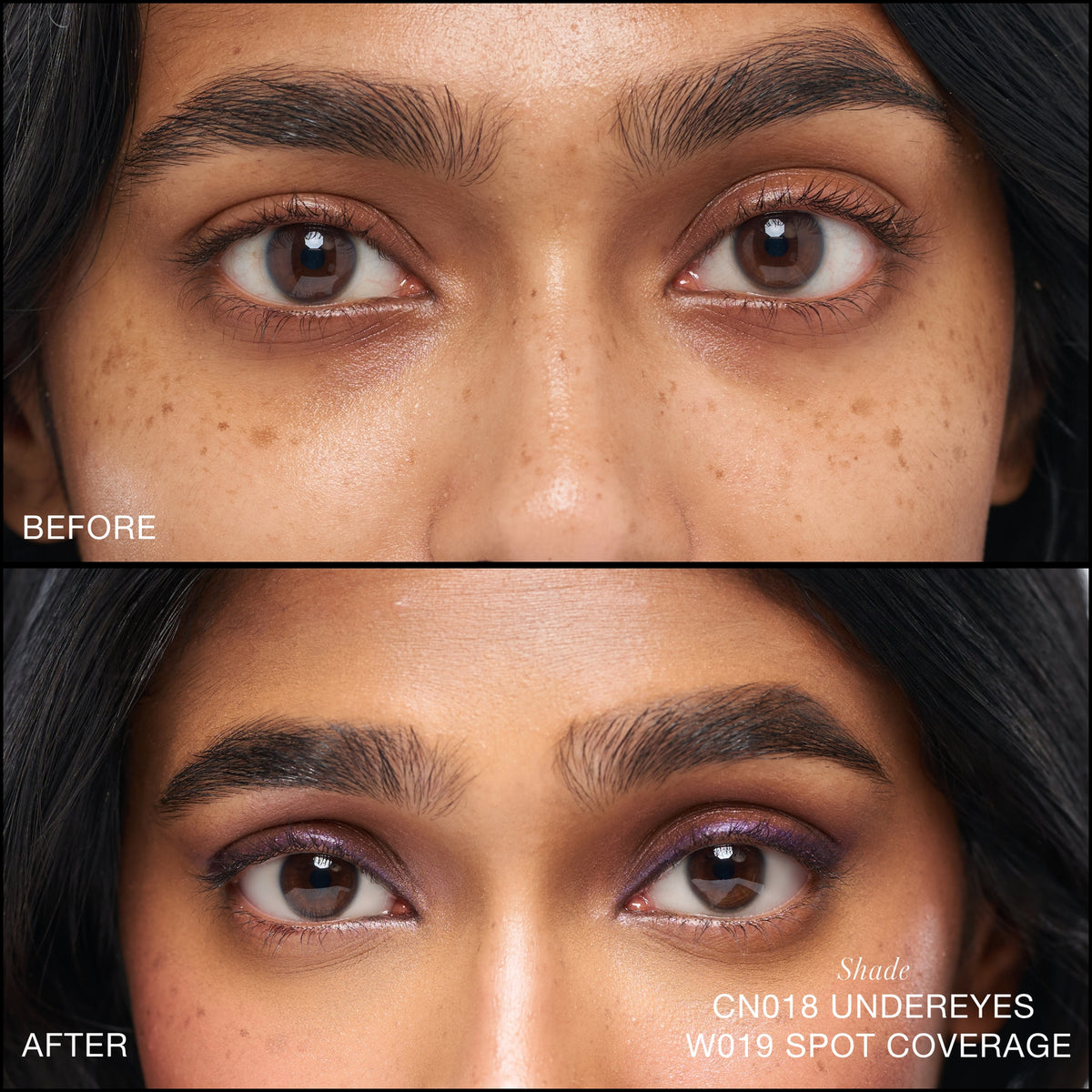 Comparaison Avant/Après d'application du Revitalize Hydra Concealer RMS Beauty, Nuance W019. Réduction des cernes et des rougeurs pour un regard visiblement plus lisse et lumineux.
