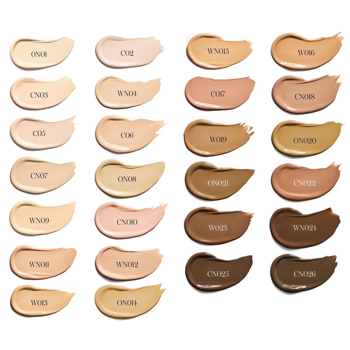 Gros plan : 26 échantillons Revitalize Hydra Concealer. Nuancier par code (ON, WN, CN) et sous-tons pour choisir sa teinte idéale.