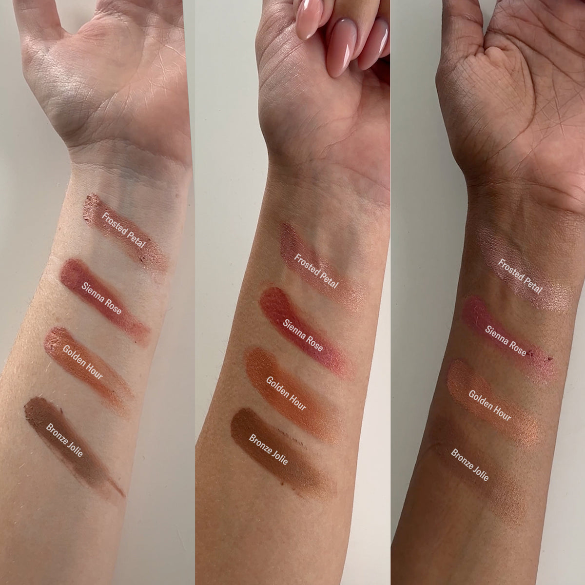 Swatch sur 3 bras de carnations différentes des 4 couleurs du Baume teinté SPF50 Odacité