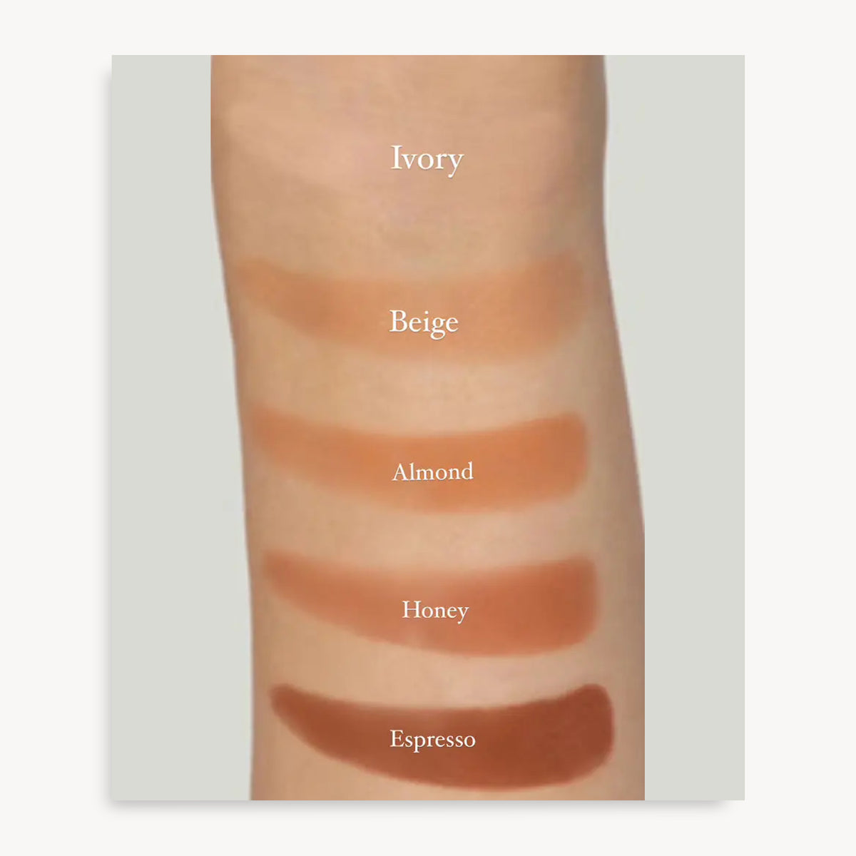 Holi (Sun) Dewy Tinted Skin Drops SPF50 - Agent Nateur - swatches of all five shades on a forearm