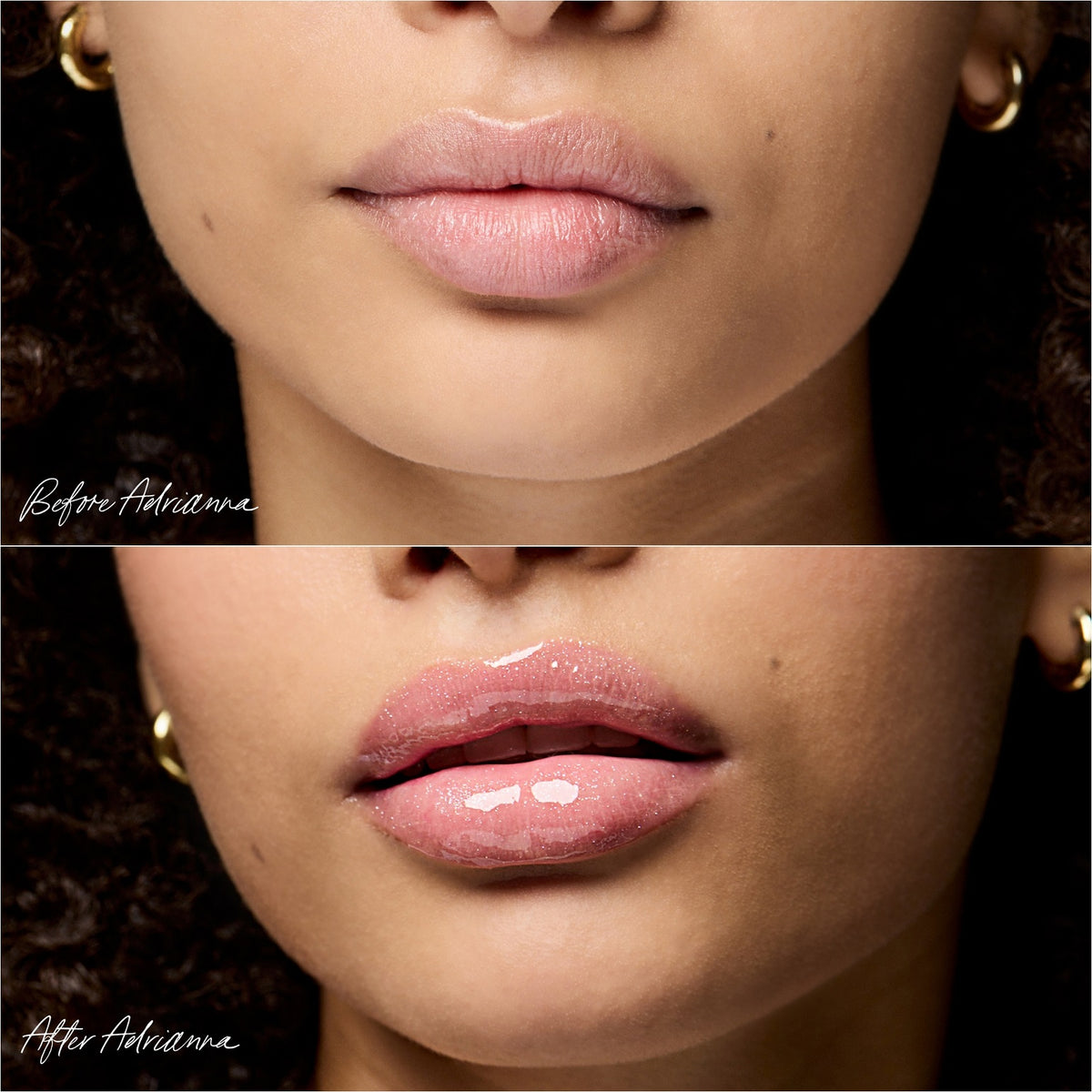 Modèle portant l'huile à lèvres RMS Beauty teinte Adrianna faisant partie du coffret The Mini Lip Oil Trio. Maquillage des lèvres hydratant et brillant.