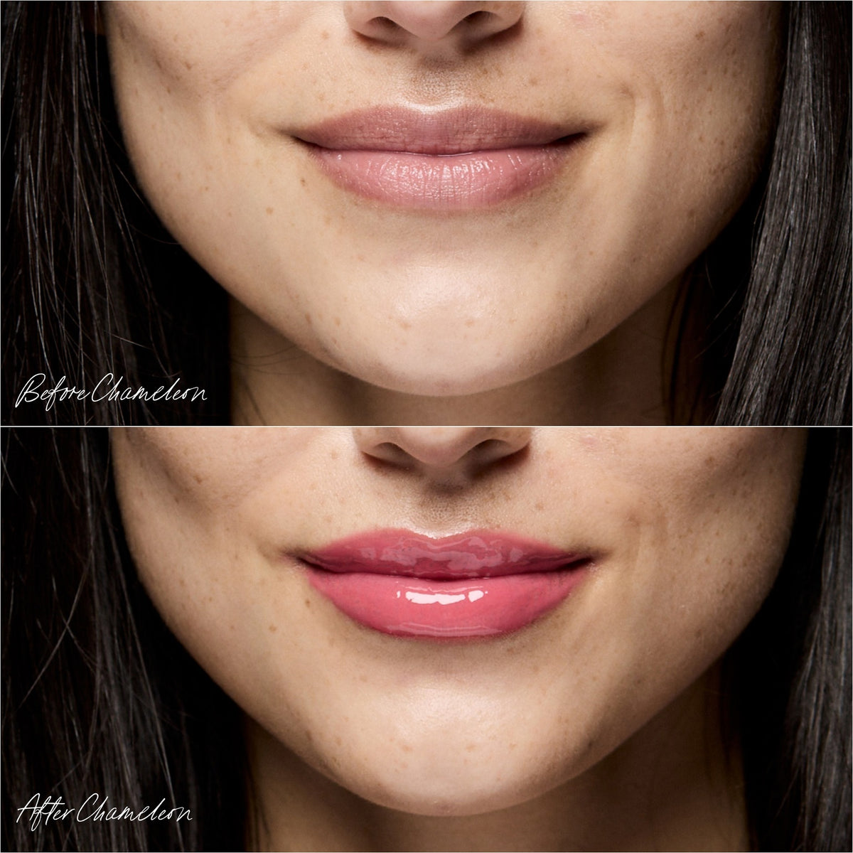 Huile à lèvres RMS Beauty teinte Chameleon sur les lèvres d'une modèle. Soin des lèvres naturel. Cette teinte fait partie du coffret The Mini Lip Oil Trio.