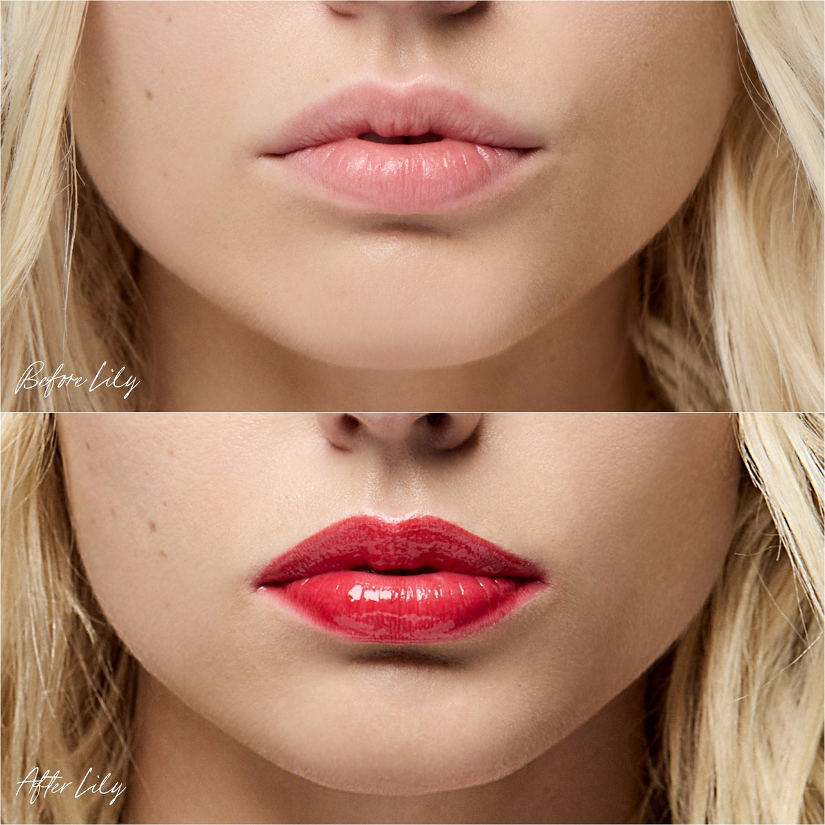 Mini Lip Oil RMS Beauty teinte Lily portée. Huile nourrissante pour des lèvres. Cette teinte fait partie du coffret The Mini Lip Oil Trio