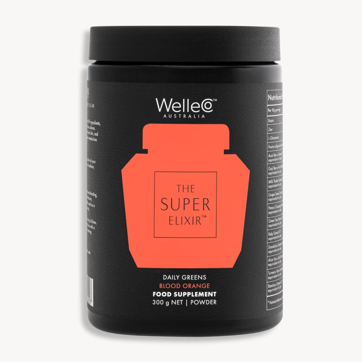 Pot Welleco The Super Elixir Daily Greens Orange Sanguine. 300g, poudre superaliments.  Pot orange.